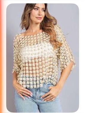 Charlie B gold shimmer Crochet Open-Knit Top ptp 24 length 22